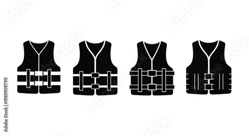 Four life vests in a row a stark black silhouette