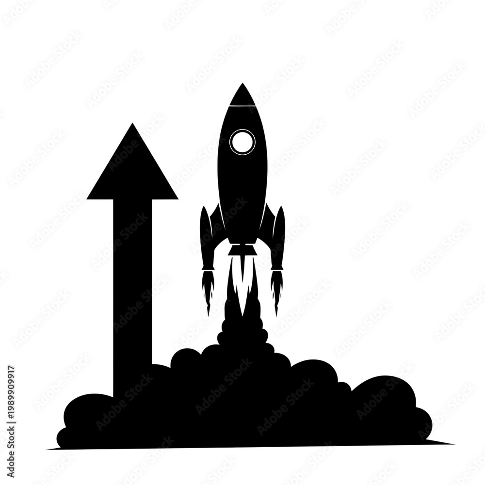 Fototapeta premium rocket launch silhouette against smoke with upward arrow growth concept