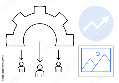 Business workflow, efficiency, teamwork, data analysis, productivity, process optimization. Gear directing workflows to people, chart upward arrow framed image. Business workflow and efficiency