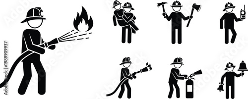 Firefighter icon set featuring stick figure vector illustrations of brave emergency rescue workers actions