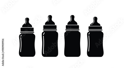Four black baby bottles arranged in a row simple silhouette