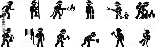 Firefighter Vector Icons Collection Illustrating Various Actions and Rescue Operations