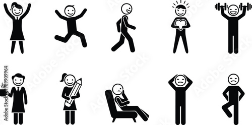 Collection of Stick Figure Vector Icons Displaying Human Emotions and Activities