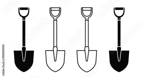 Four garden shovels in differing designs a stark silhouette