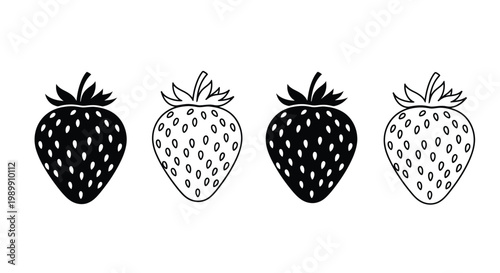 Four strawberry illustrations in varying styles a bold graphic silhouette