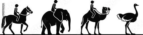 Animals riding silhouettes set showing human characters mounted on different wild and domestic creatures