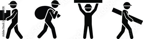 Construction worker icon set displaying manual labor activities and logistics tasks as vector illustration