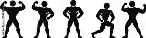 Powerful muscular men vector graphic illustration set showing various fitness and bodybuilding poses