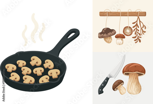 Mushrooms being cooked in a pan and prepared for eating with a knife