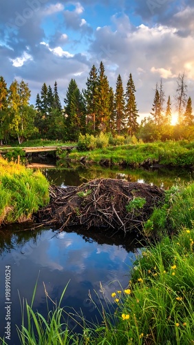 River, grassy banks, beaver dam, and trees glow under a sky with clouds