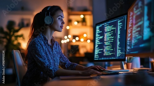 Dedicated young woman software developer focused on coding late at night, working intently on a computer with headphones in a dimly lit office environment, embodying modern tech work