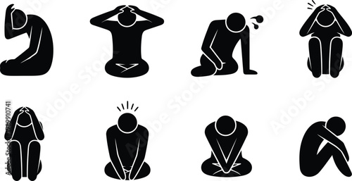 Vector graphic illustration set depicting people suffering from stress, anxiety, and depression.