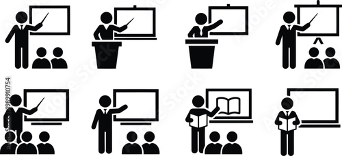 Presentation icons set showing business people teaching and explaining during professional corporate training sessions