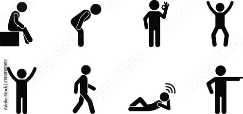 Stick figure icons set showing various human body postures and different active gestures