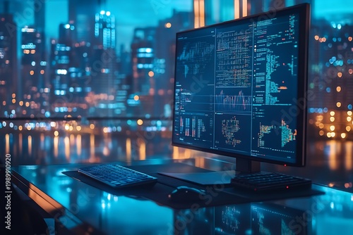 Modern Computer Workspace Displaying Complex Data Analytics and Programming Code Overlooking a Blurred City Skyline at Night
