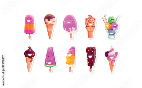 Collection of cute cartoon ice cream and popsicle characters sweet summer dessert illustrations
