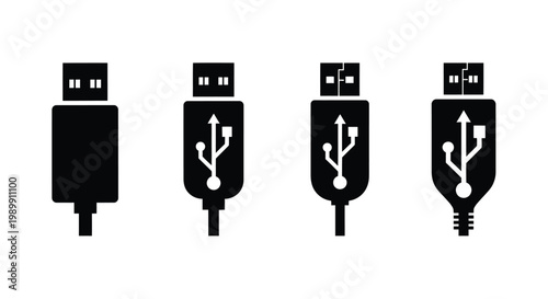 Four usb connector types shown in a black graphic silhouette