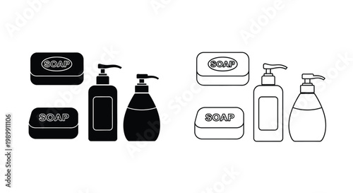 Black and white soap and dispenser icons a simple silhouette