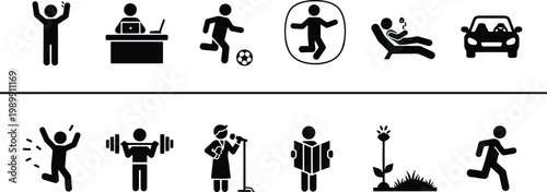 Vector icons set showing people activities and daily lifestyle silhouettes for web design projects