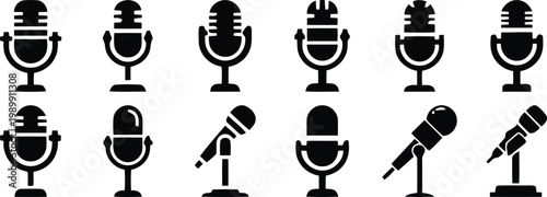 Microphone vector icon set featuring various professional audio recording devices for broadcast media design