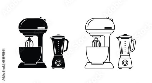 Kitchen appliances including mixers and blenders in black and white silhouette