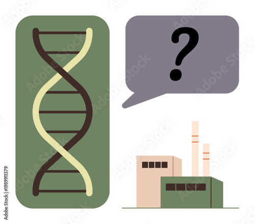 Genetic modification, biotechnology, sustainability, industrial application, science innovation, ethical challenges. DNA helix with a question mark and an industrial factory. Genetic modification