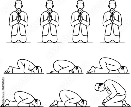 Muslim Man Performing Prayer in Various Islamic Worship Positions