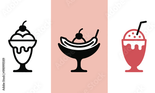 Vector illustrations of ice cream sundae, banana split and milkshake icons in black and red on white and pink backgrounds