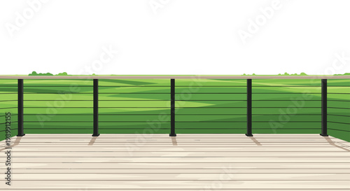 A modern wooden deck with a sleek black metal cable railing overlooks a vast expanse of rolling green hills and lush meadows under a bright white sky.