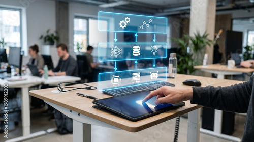 businessman working in office man using digital tablet in office lock and key businessman holding a laptop with social network icons business graph on laptop mobile phone and globe on table ai-radial-