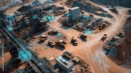 Aerial view of smart mining operation with autonomous heavy machinery and digital holographic interfaces
