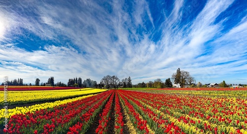 Wallpaper Mural A panorama image of a Field of various colored spring blooming tulips with a blue sky and clouds; mostly red and yellow tulips Torontodigital.ca