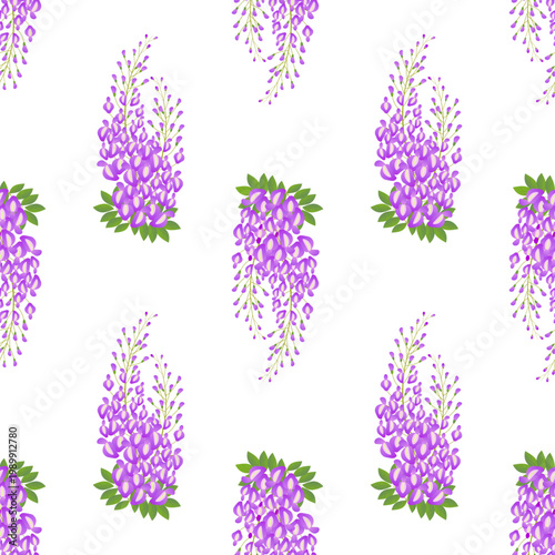 Pattern of purple wisteria flowers with green leaves isolated on transparent background