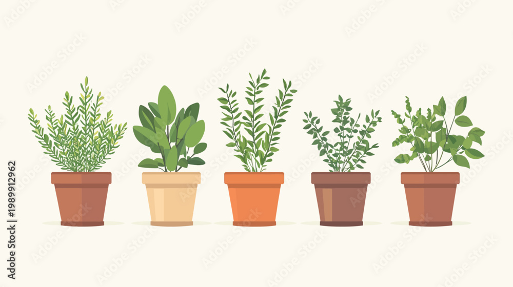 Fototapeta premium Illustration of five potted plants with diverse foliage and a neutral background