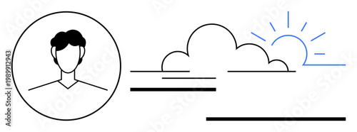 Identity, personal growth, optimism, renewal, self-reflection, weather forecasting. Minimalistic person icon alongside sunrise and clouds. Identity and personal growth concept
