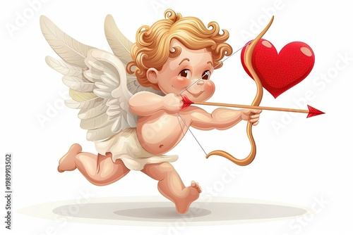 A sweet illustration of cupid with angelic wings, embodies the spirit of love, aimed with his arrow holding a heart with a white background.