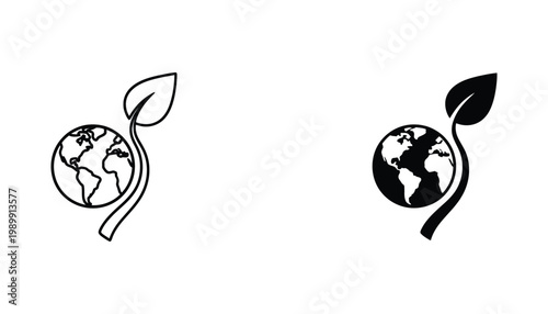 Green earth sprout icon outline and solid black vector illustration representing environmental growth and sustainability concepts