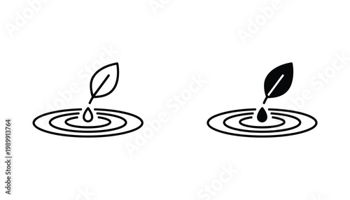 Water drop icon with leaf silhouette creating ripple effect in water symbolizing nature conservation and environmental protection in minimalist vector design