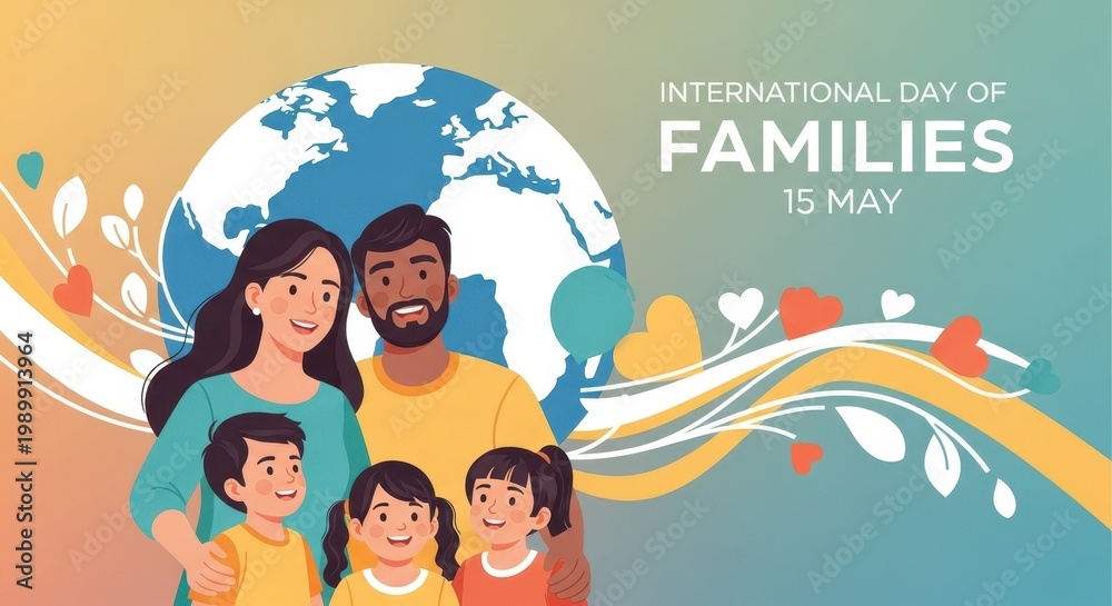 Naklejka premium Happy multicultural family celebrating International Day of Families with globe and hearts