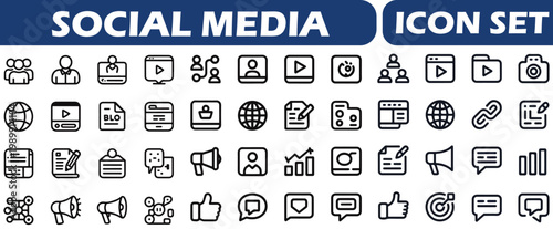 Social Media icon set. Online community, media, website, blog, content, business marketing and social network icons. Solid icon collection