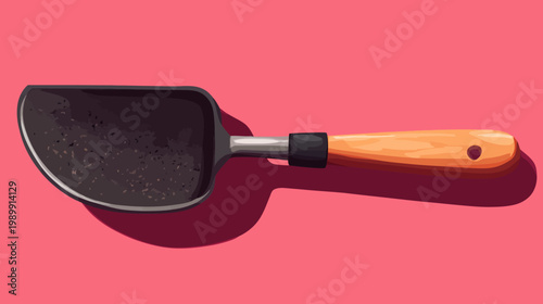 A cartoon style rendering of a gardening trowel laying diagonally on a pink background