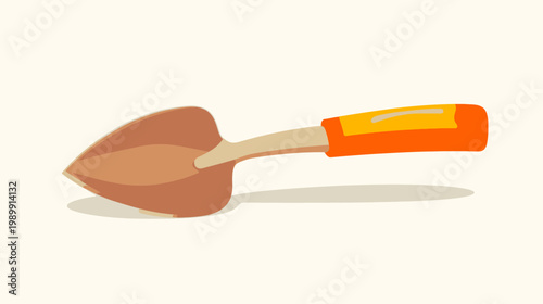 A cartoon shovel in warm colors, resting on a white surface, casting a soft shadow