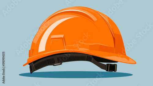 A vibrant orange protective helmet, with shadows, set against a solid pastel blue backdrop