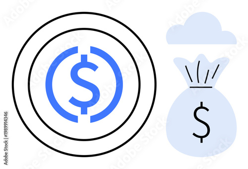 Finance, investment, savings, cryptocurrency, economic security, wealth management. Circular dollar symbol and money bag with cloud. Finance and investment concept