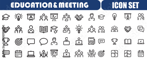 Set of  line icons related to training, coaching, mentoring, education, meeting, conference, teamwork. Outline icon collection. Editable stroke. Vector illustration
