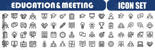 Set of  line icons related to training, coaching, mentoring, education, meeting, conference, teamwork. Outline icon collection. Editable stroke. Vector illustration