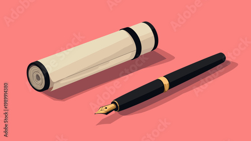 Illustration featuring a scroll and a classic black fountain pen, placed on a pink background