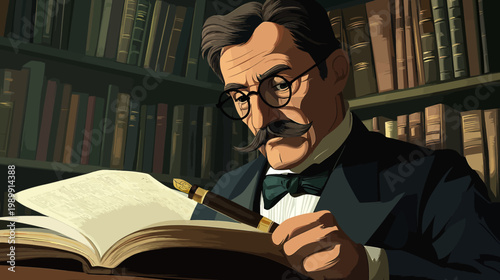 A detailed illustration of an older man with spectacles, studying a book in a library