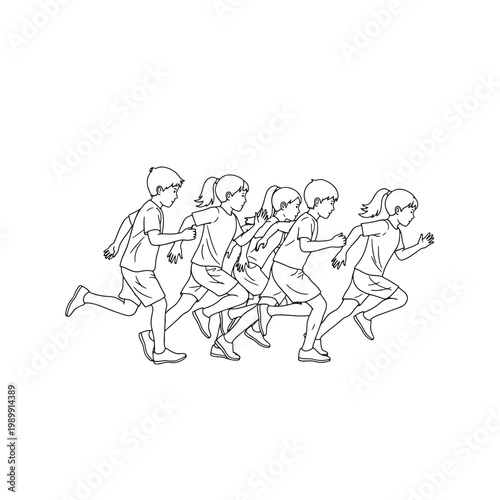 Five active children running fast in a relay race track and field illustration.