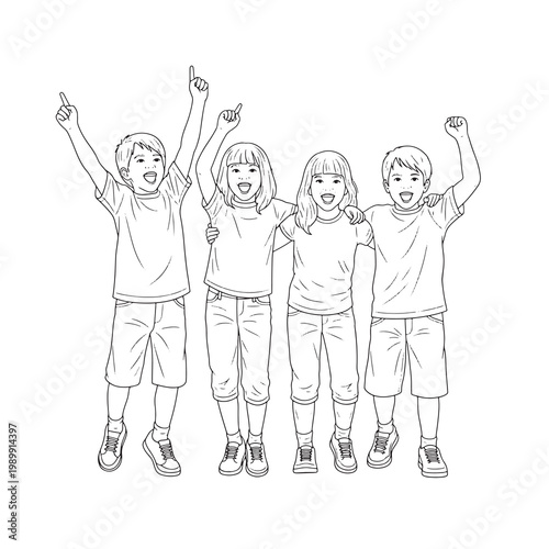 Four happy friends celebrating with arms raised in victory black and white sketch.